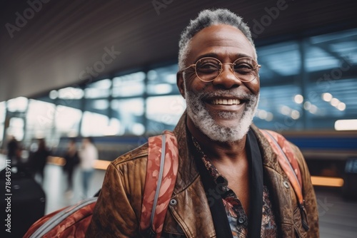 Portrait of a blissful afro-american man in his 60s wearing a trendy sunglasses isolated in busy airport terminal