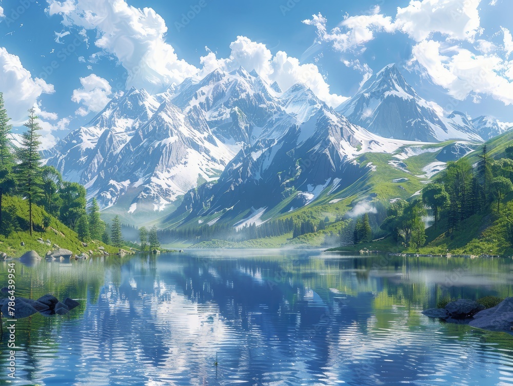 A serene mountain lake nestled among towering peaks, with crystal-clear water reflecting the snow-capped summits and fluffy clouds above alpine tranquility The pristine beauty