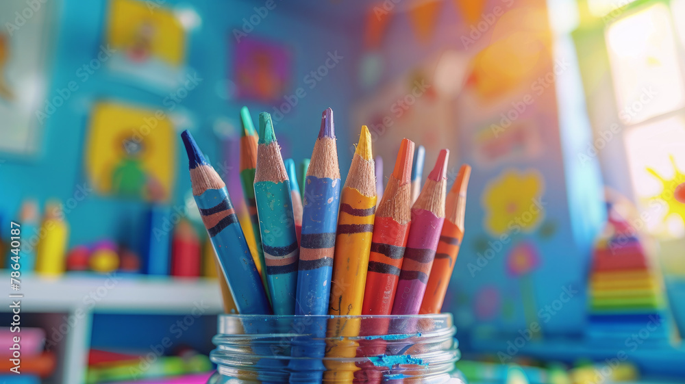Jar of colored pencils on desk