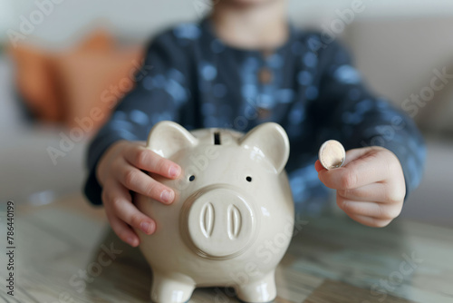 A kid puts a coin into piggy bank, hand close-up. AI generative