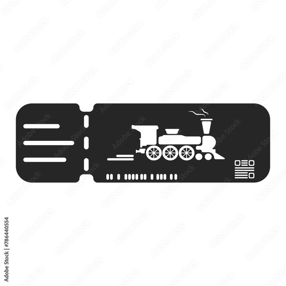 Train ticket black vector. Booking a ticket for travel. Tourist train ticket. Railway ticket vector. Boarding pass black icon. Passenger registration document, train pass.