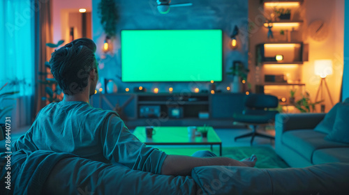 A man is sitting on the sofa in his modern white living room, watching TV with a green screen.