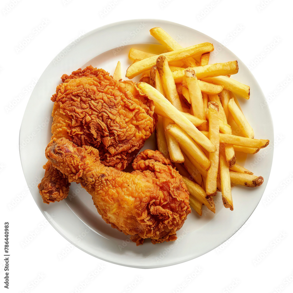 Fried chicken and fries on white plate, on white background. Fried chicken and fries on white plate, on white background.