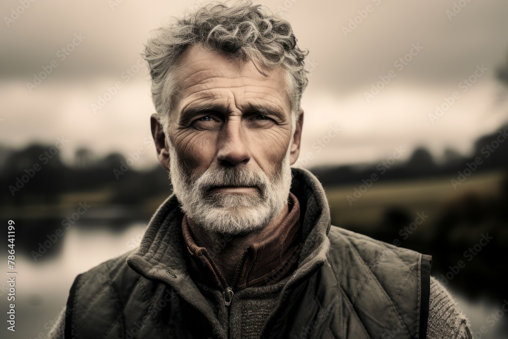 Portrait of a blissful man in his 60s dressed in a water-resistant gilet in quiet countryside landscape Portrait of a blissful man in his 60s dressed in a water-resistant gilet in quiet countryside landscape