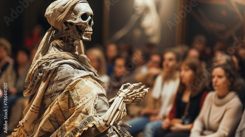 A mummy critiquing designs at a fashion show, an ancient perspective on modern style photo