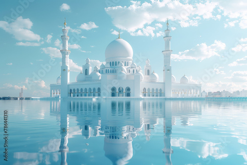 3d rendering of white mosque with reflection on water, Abu Dhabi city landscape background, blue sky and clouds.Eid al-Adha