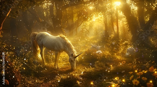 Mystical Golden Sunrise Illuminates Enchanted Forest Glade with Grazing Unicorn and Glowing Magical Creatures photo