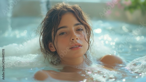 Serene Woman Relaxing in Bubbly Bathtub