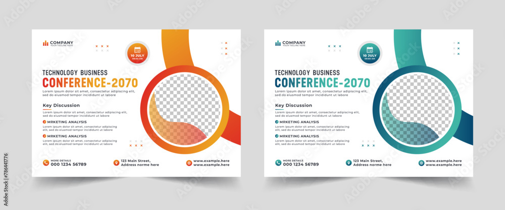 Corporate horizontal business conference flyer template. Technology conference social media banner layout, live webinar event invitation banner - obrazy, fototapety, plakaty 