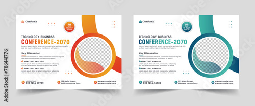 Corporate horizontal business conference flyer template. Technology conference social media banner layout, live webinar event invitation banner