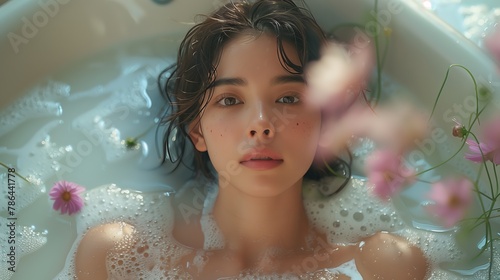 Serene Woman Enjoying a Floral Bath