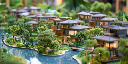 A detailed model of an urban development with green modern houses, greenery and trees. eco-friendly building concept