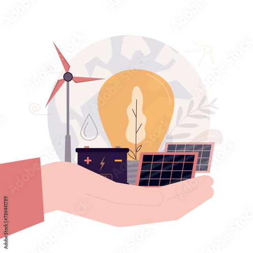 Environment care with sustainable electricity power source. Ecological recycling and alternative energy solutions. Human hand holds light bulb, solar panel and wind generator.