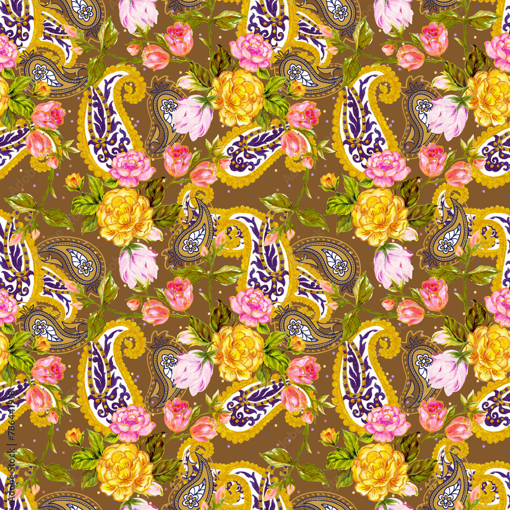 Watercolor Rose flowers pattern, traditional Indian paisley golden arrangement seamless background