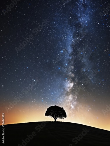 A solitary tree stands under the cosmic expanse of the star-filled Milky Way, radiating tranquility in the night.