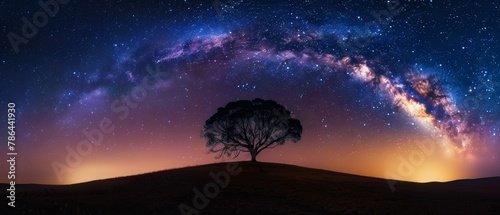 The magnificent Milky Way bends over a lone tree, whispering cosmic secrets in a spectacle of nocturnal beauty.