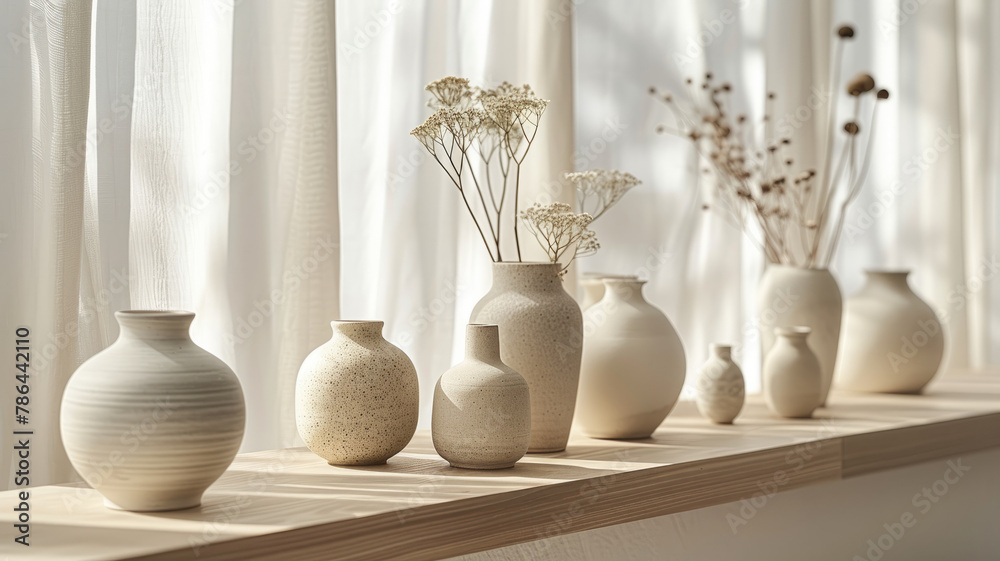 White ceramic vases with dried flowers on a shelf White ceramic vases with dried flowers on a shelf
