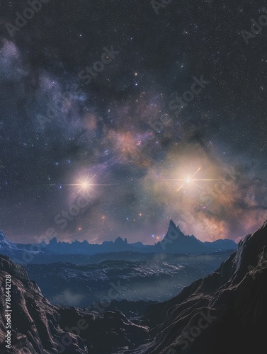 Majestic mountains under a star-studded sky, with brilliant cosmic events illuminating the night.