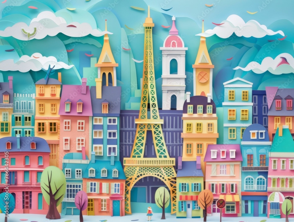 Colorful Paper Art Parisian Street and Eiffel Tower