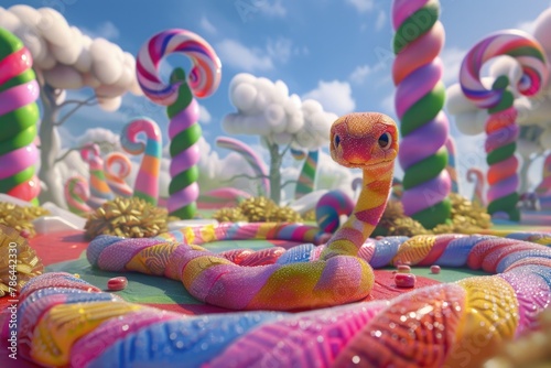 Fantasy serpent slithering amidst an assortment of colorful candies in a whimsical candyland setting photo