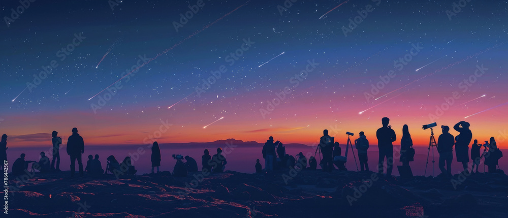 An awe-inspiring twilight as a meteor shower streaks across the sky, witnessed by silhouetted figures on a rocky outcrop. An awe-inspiring twilight as a meteor shower streaks across the sky, witnessed by silhouetted figures on a rocky outcrop.
