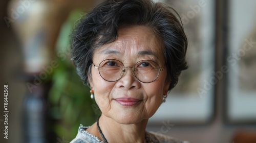 70 - year - old Chinese female grandmother  short black hair  glasses  dressed simply  with a smile on her face and friendly eyes