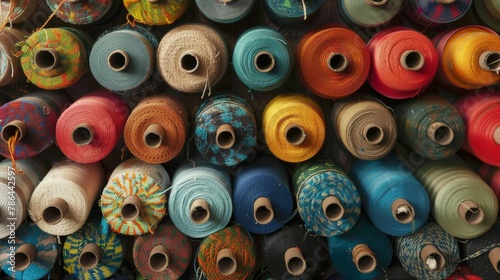 Spools of textiles rows of spools neatly aligned and ordered by color or texture
