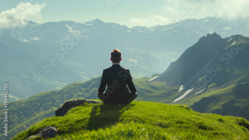 man meditating and looks at the mountains , business clothes , motivation for success, Millionaire Mindset, Wealth Meditation 