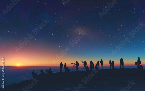 A crowd assembles on a rocky terrain  silhouetted against a twilight sky dotted with stars  sharing the moment as the sun sets.