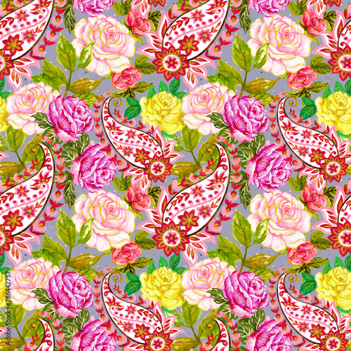 Watercolor Rose flowers pattern, traditional Indian paisley arrangement seamless background