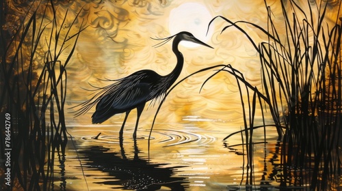 Blue heron strides, its elegant form reflected on the calm surface of the wetlands photo
