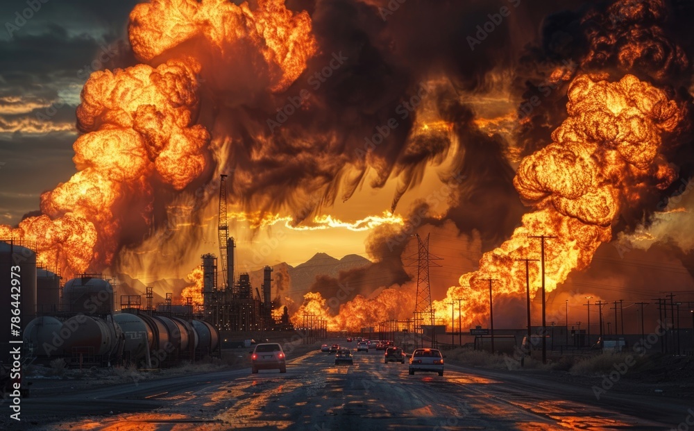 An apocalyptic vision of a massive industrial complex engulfed in fierce flames and billowing smoke.