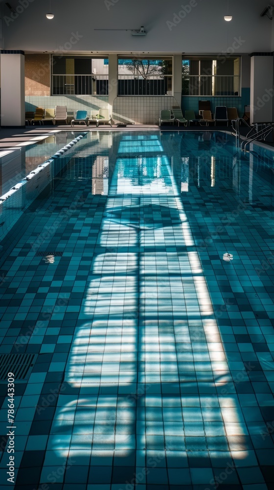 Fototapeta premium An unoccupied indoor pool basks in the quiet of the day, with rows of empty chairs and a reflection of windows casting a geometric pattern.