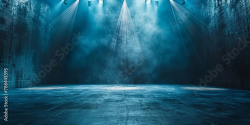 Empty concert stage with illuminated spotlights and smoke. Stage background , white spotlight and smoke, empty black stage with white spotlights