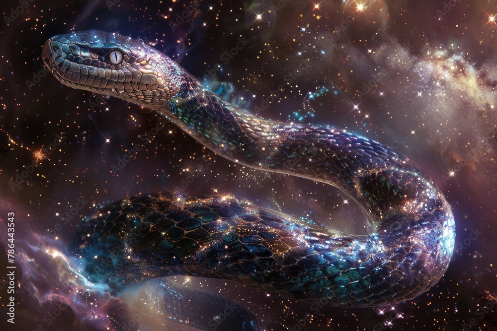 Majestic cosmic snake coiling through the starry expanse of space, combining elements of fantasy and astrology Majestic cosmic snake coiling through the starry expanse of space, combining elements of fantasy and astrology