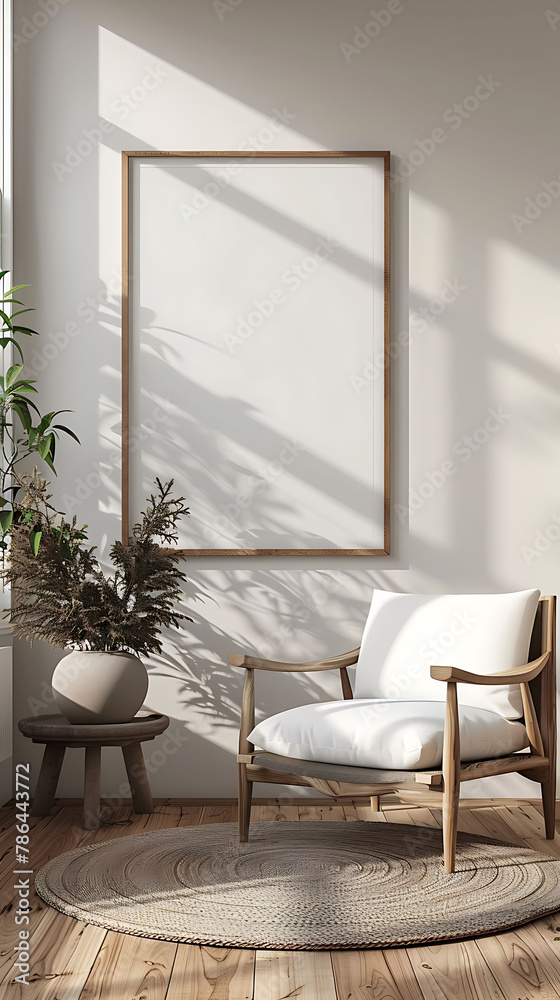 Mockup poster frame in a Scandinavian-style living room with clean lines and minimalist decor, 3d render, hyperrealistic