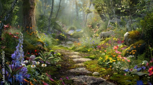Flora and fauna lining the forest path from delicate wildflowers to moss-covered rocks photo