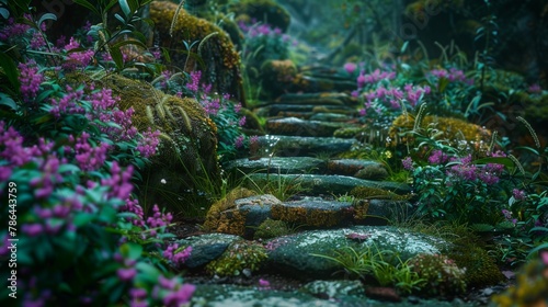 Flora and fauna lining the forest path from delicate wildflowers to moss-covered rocks © AlfaSmart