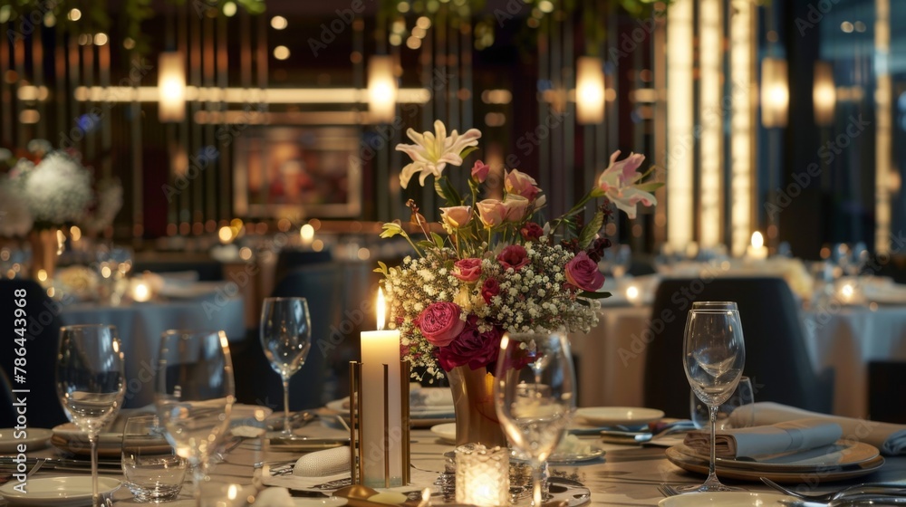 Table setting in a luxury restaurant, where each table is carefully decorated with fresh flowers