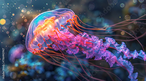 Transparent jellyfish in deep blue sea, World Oceans Day jellyfish close-up concept illustration © lin