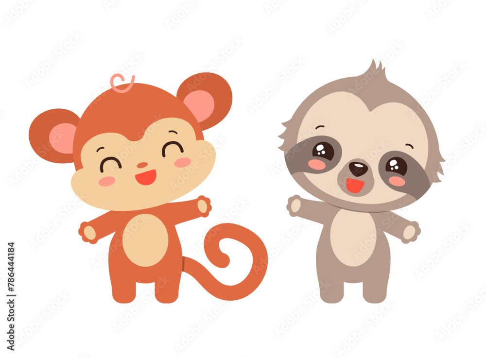 Kawaii sloth and monkey cute jungle animals. Anime chibi cartoon characters. Adorable south american animal smiling waving. Baby ape and sloth children vector illustration flat design.