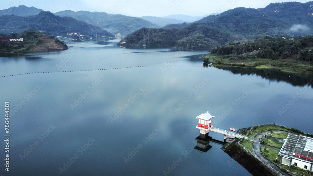 Wonogiri, Indonesia - 13 April 2024 : beautiful view of the dam from above.