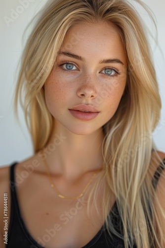 Blonde woman with blue eyes
