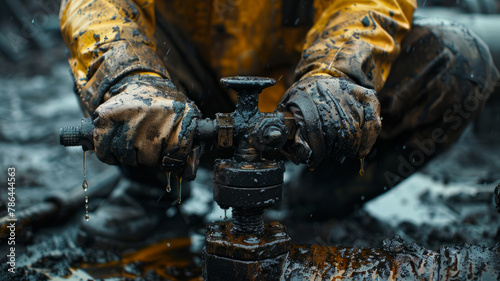 Worker in yellow, handling oily machinery.