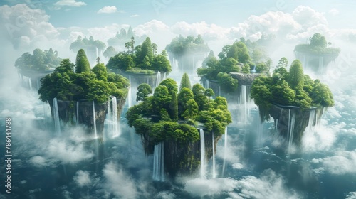 surreal scene of floating islands in the sky, each covered in lush greenery and waterfalls © Tina