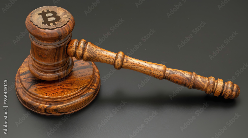 Judicial gavel with bitcoin symbol on it, high resolution photo on wooden background. Judicial gavel with bitcoin symbol on it, high resolution photo on wooden background.