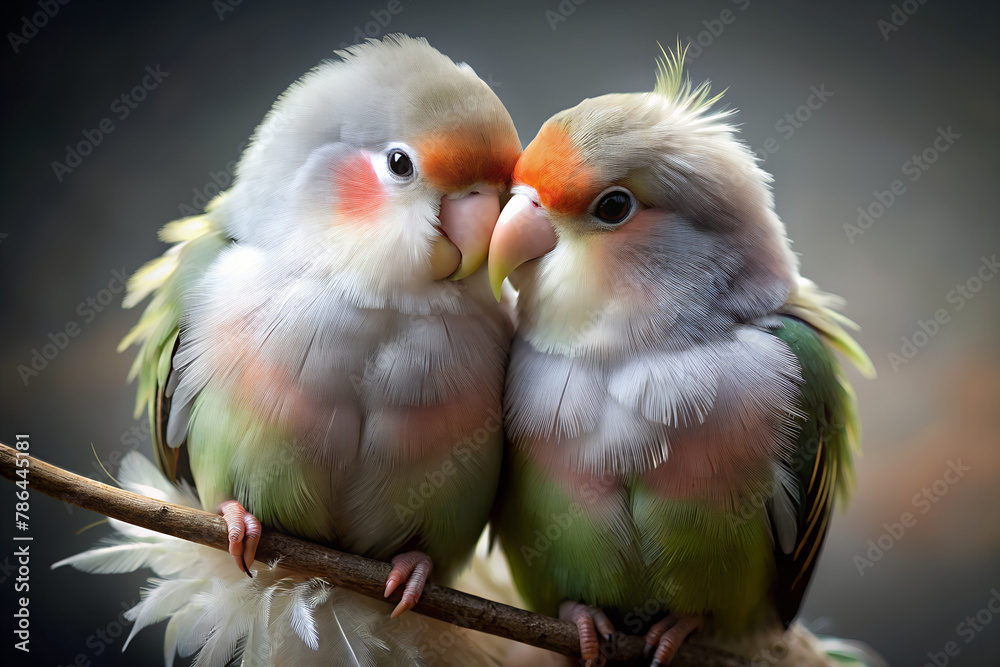 A pair of affectionate lovebirds cuddling together on a perch, with feathers fluffed and beaks touching in a tender display of affection