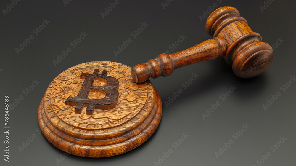 Judicial gavel with bitcoin symbol on it, high resolution photo on wooden background. Judicial gavel with bitcoin symbol on it, high resolution photo on wooden background.
