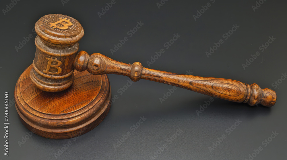 Judicial gavel with bitcoin symbol on it, high resolution photo on wooden background. Judicial gavel with bitcoin symbol on it, high resolution photo on wooden background.