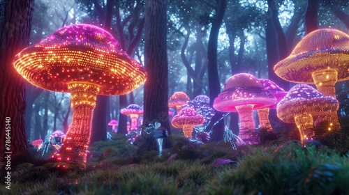 surreal Synthwave-inspired forest, where pixelated trees meet glowing mushrooms, and ethereal creatures roam
